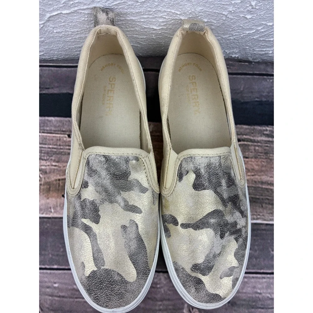 Sperry Crest Twin Gore Sneakers Womens 8.5 Metallic Ivory Camo Slip On STS87041
